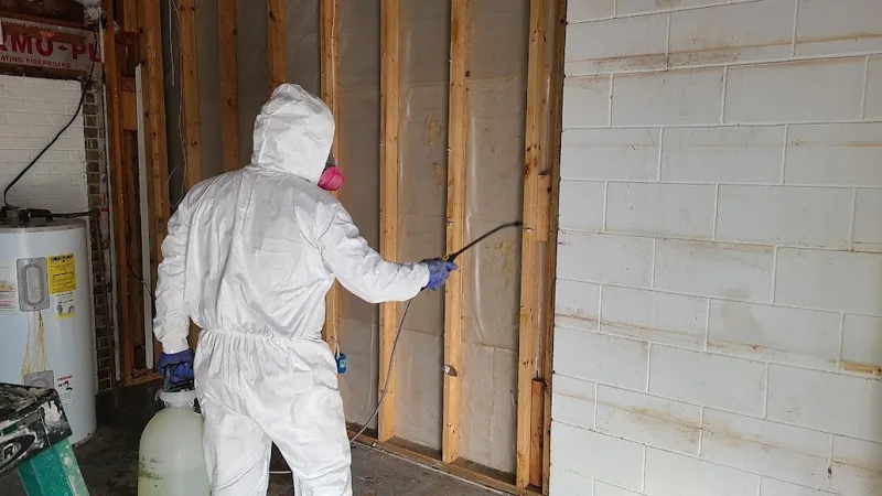 Technician working along exposed wall framing